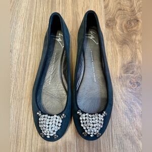 Giuseppe Zanotti Dark Gray Suede Crystal Embellished Ballet Flats Size 37.5